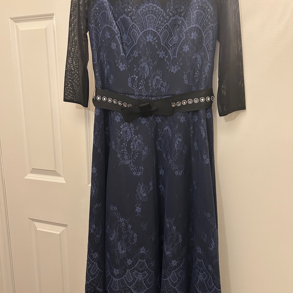 Tadashi Shoji Navy Blue Lace Maxi Dress with Bow Belt